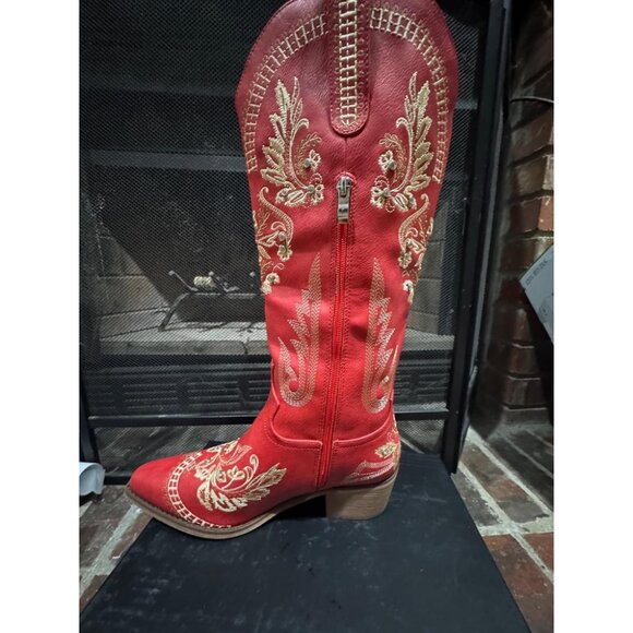 🆕Women Red Faux Leather Knee High Sparkly Rhinestone Embroidered  Boots - Picture 1 of 7